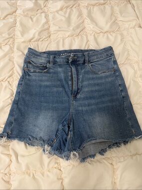 American Eagle Outfitters Medium Blue High-Rise Frayed Hem Jean Shorts